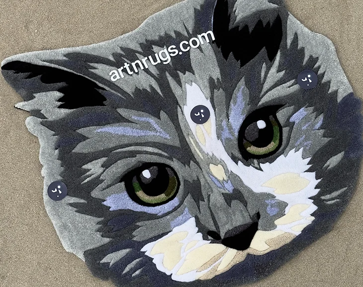 Angled view of handcrafted realistic gray cat face portrait rug on sandy surface