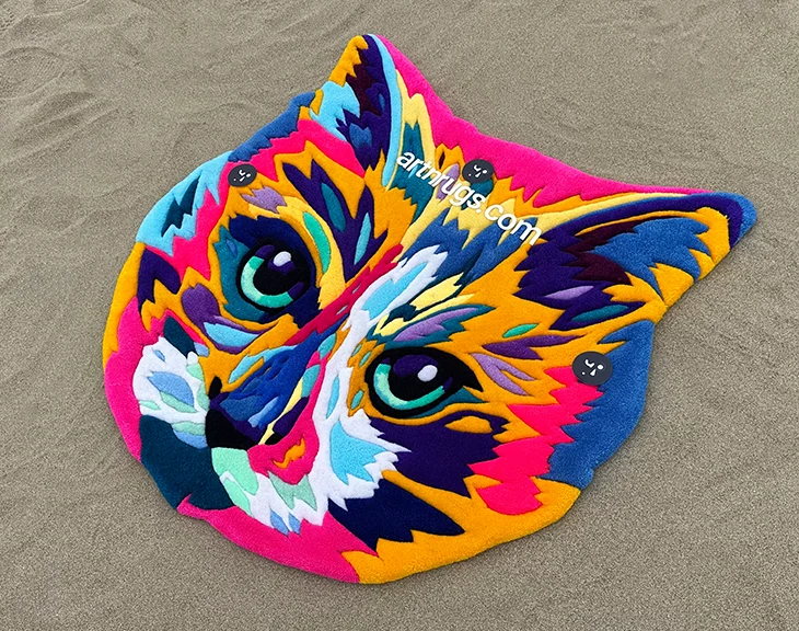 Detail of vibrant multicolor impressionistic cat face rug in natural light