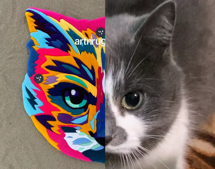Diagonal shot of bright multicolor impressionistic cat rug on sand near the sea