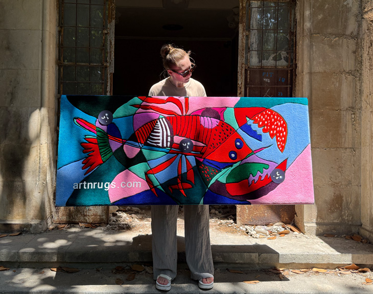 Tapis mural de homard coloré au style cubiste, placé dans un intérieur majestueux – pièce textile unique faite main