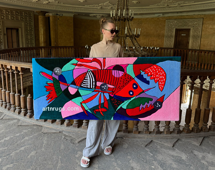 Vue latérale du tapis mural textile cubiste de homard, posé sur un escalier orné – déco murale moderne en fibre