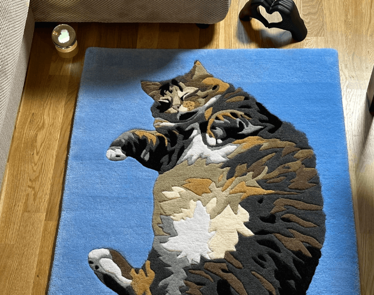 Vista completa del Tappeto Gatto in un interno domestico moderno, visto dal basso