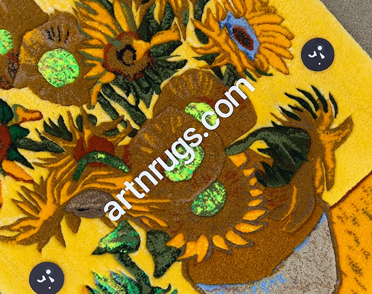 Nahaufnahme des Van Gogh Sonnenblumen-Wandteppichs mit weichen, akrylgarnen Sonnenblumendetails